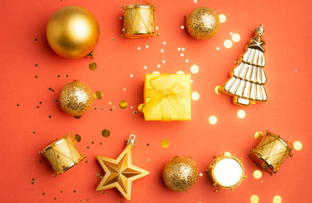 New Year's layout on a red background with balloons. New Year and Christmas copy space. ... Festive...