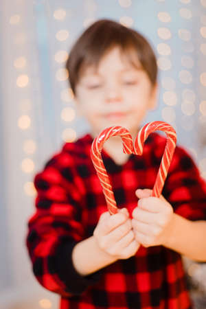 A boy in pajamas with caramel under the Christmas tree . New Years candies are red.の写真素材