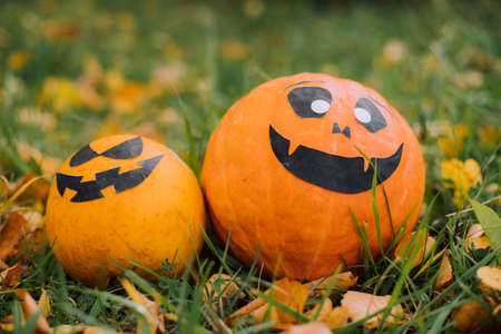 Jackie's Halloween pumpkin is lying on the grass . An article about Halloween. An orange pumpkin with a face. Details of the holiday. Halloweenの写真素材