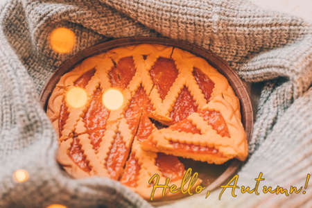 Banner hello autumn. cozy vibes. A new season. Autumn leaves. An article about autumn. Autumn pie. Jam pieの写真素材