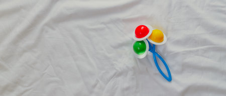 Baby rattle on a white background copyspace. Educational toys for kids. Toy copyspace. Article about childrenの写真素材