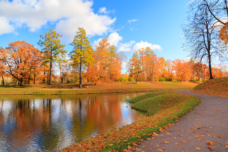 Autumn park landscape . Golden autumn in the city park. Photos on the calendar. Season. September, October, Novemberの写真素材