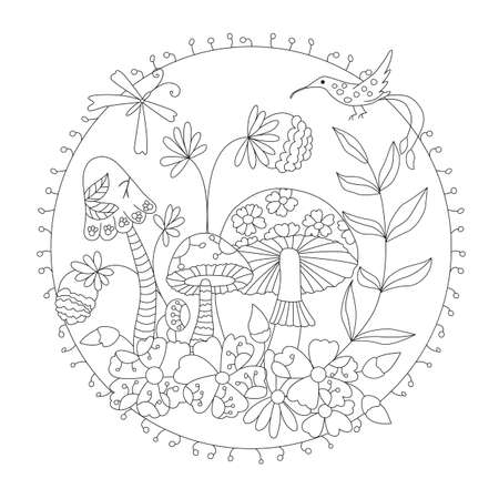 coloring wild mushrooms . vector illustration of a inscribed in a circle.のイラスト素材