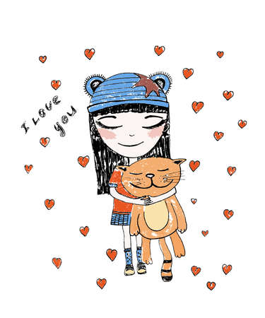 Hand drawn beautiful, cute, little girl with pretty cat on the background with words I love You . Handdrawn girl vector illustration.のイラスト素材