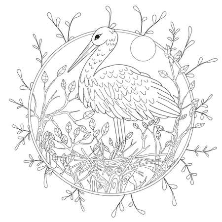 Stylized pelican bird among foliage. Freehand sketch for adult anti stress coloring book pageのイラスト素材