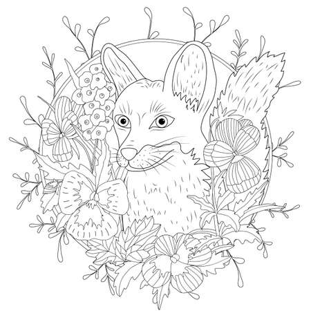 Stylized cartoon wild fox animal and violet flowers. Freehand sketch for adult anti stress coloring book page.のイラスト素材