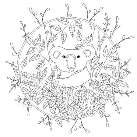 Cute vector coloring page with koala climbing on the eucalyptus tree illustration in color, hand drawn in realistic styleのイラスト素材