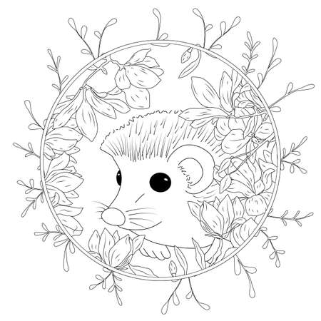 Vector illustration hedgehog with flowers. Coloring book anti stress for adults. Black and white.のイラスト素材
