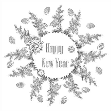 Christmas wreath with decorative items, Black and white .Vector coloring on a New Year theme. Festive card.のイラスト素材