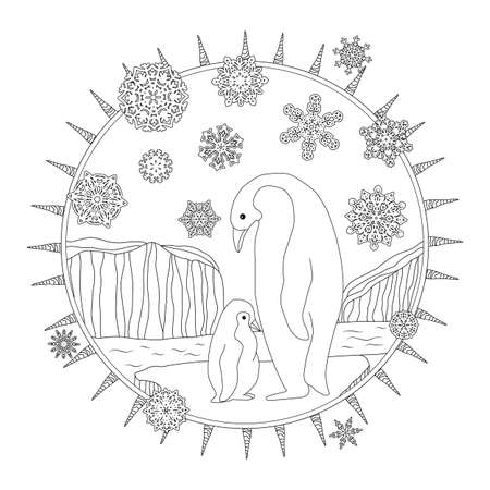 Coloring pages. Mother penguin stands with her little cute babyのイラスト素材