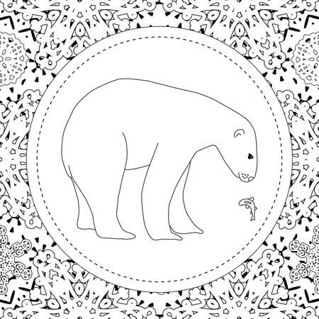Coloring pages. A polar bear stands in the snow. A winter postcard.のイラスト素材