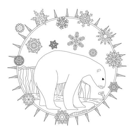 Coloring pages. A polar bear stands in the snow. A winter postcardのイラスト素材