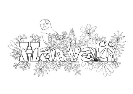 Coloring for adult bird parrot . Exotic tropical plantsのイラスト素材