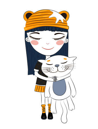 Cute girl and cat. Sketch illustration in hand drawn style.のイラスト素材