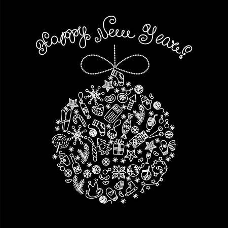 White merry Christmas ball with celebratory elements. Christmas card in a linear style.のイラスト素材