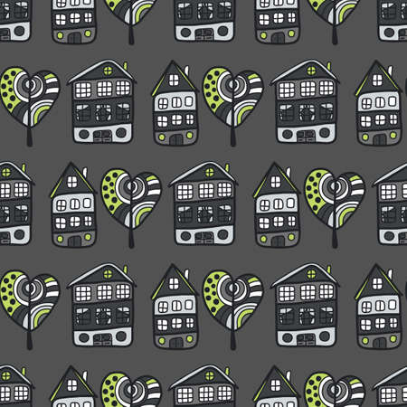 Seamless background with trees and small housesのイラスト素材