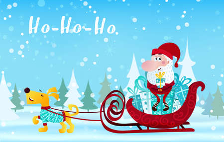 Cute cartoon Santa Claus sitting in sleigh with dog Merry Christmas vector illustration horizontal bannerのイラスト素材