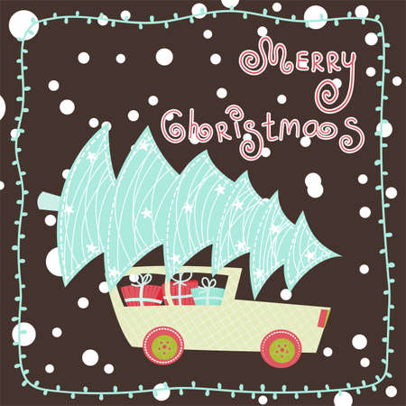 Vector postcard merry Christmas with Christmas tree.のイラスト素材