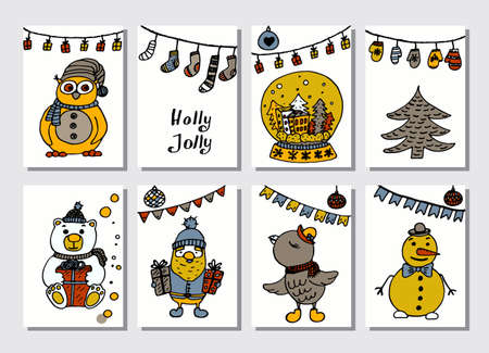 Set of creative journaling cards. Christmas Posters set. Vector illustration. Template for Greeting Scrapbooking, Congratulations, Invitations, Stickers, Plannersのイラスト素材