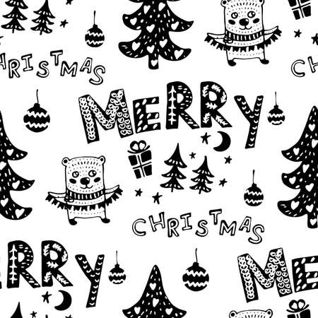 Seamless Christmas patterns-various Christmas trees,lettering, gifts,balls .Vector design for the winter holidaysのイラスト素材