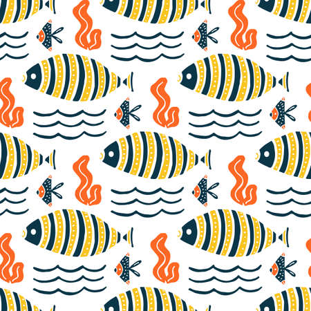 Colorful fish cartoon seamless vector patternのイラスト素材