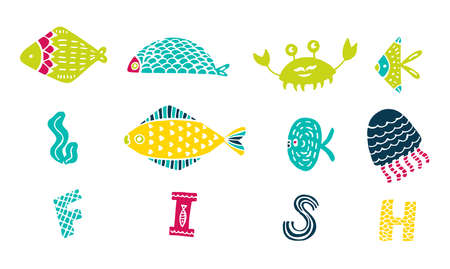 Set of colorful cartoon fish. Creative Hand Drawn texture, marine theme design.のイラスト素材