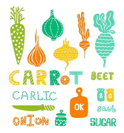 Set of vegetables and kitchen items. illustration in Scandinavian styleのイラスト素材