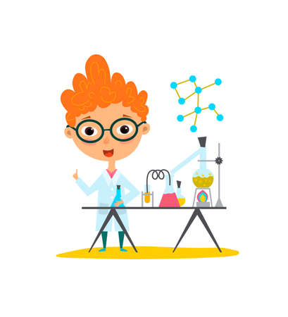 Youngest scientist. Baby kid doing chemistry experiments. Holding flask and test tube in hands. Flat style vector cartoon illustration.のイラスト素材