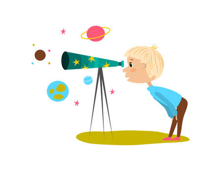 A vector illustration of a young boy looking at stars in the sky using a telescopeのイラスト素材