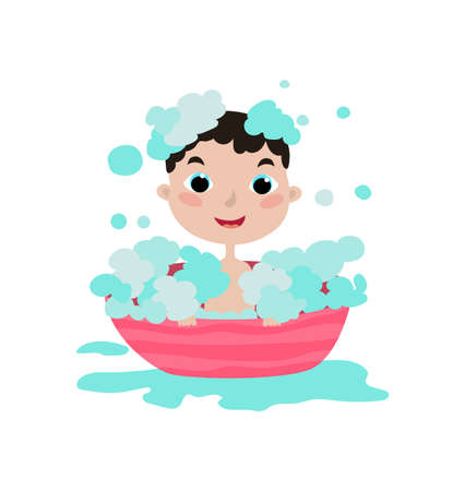 Happy baby taking a bath playing with foam bubbles.のイラスト素材