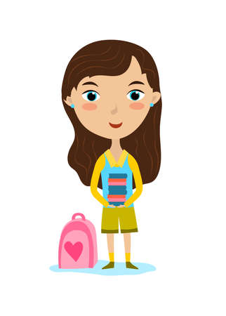 Illustration of a cute girl carrying a book and with a pink bag.のイラスト素材