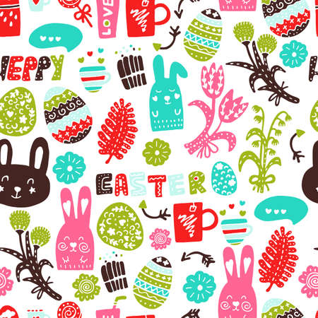 Easter seamless pattern with pink, blue, green eggs and flowers, hares and holiday attributesのイラスト素材