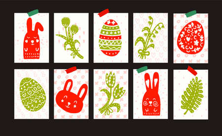 Colored vector Easter stickers, stickers. The attributes of the feast of Easter: eggs, flowers, rabbits, treats and sweets.のイラスト素材