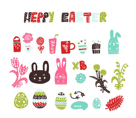 Colored vector Easter stickers, stickers. The attributes of the feast of Easter: eggs, flowers, rabbits, treats and sweets.のイラスト素材