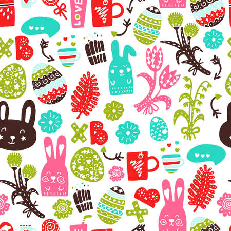 Easter seamless pattern with pink, blue, green eggs and flowers, hares and holiday attributes.のイラスト素材