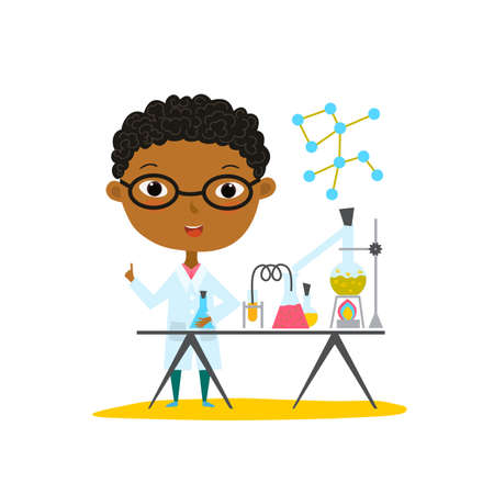 Youngest scientist. Baby kid doing chemistry experiments. Holding flask and test tube in hands. Flat style vector cartoon illustration.のイラスト素材
