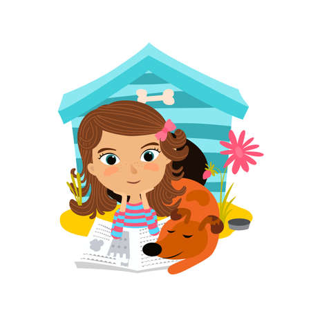Closeup of a happy girl reading a book with a dog. Child and best friend. Vector illustration in a flat styleのイラスト素材