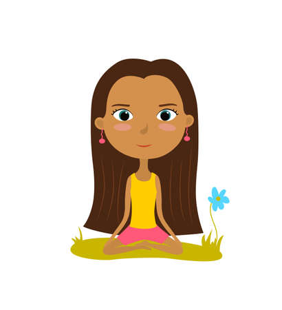 Pretty young girl practices yoga in the lotus position. Meditation and relaxation poster. Vector illustration.のイラスト素材