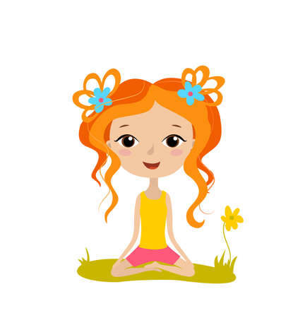 Pretty young girl practices yoga in the lotus position. Meditation and relaxation poster. Vector illustration.のイラスト素材