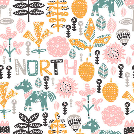 Seamless pattern with horse, flowers and hand-drawn elements. Children's texture. Great for fabric, textile vector illustration.のイラスト素材
