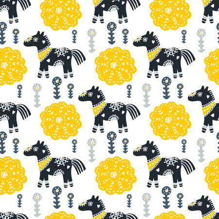 Seamless pattern with horse, flowers and hand-drawn elements. Children's texture. Great for fabric, textile vector illustration.のイラスト素材
