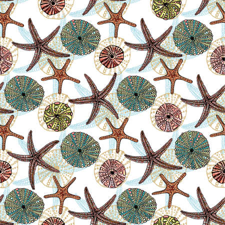 Seamless vector sea pattern. Seashell, various seashells starfishのイラスト素材