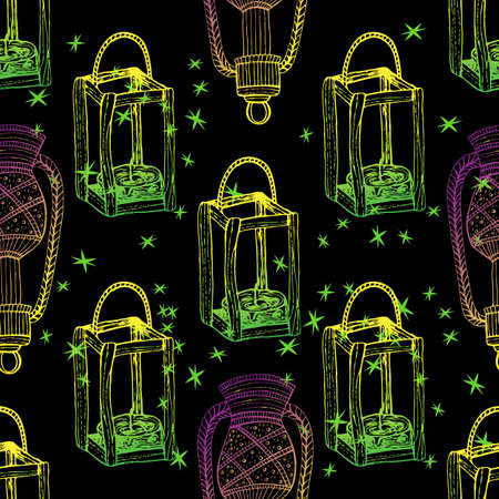 Vector lanterns, lamps on a dark background. Festive decoration. Neon lighting. Seamless patternのイラスト素材