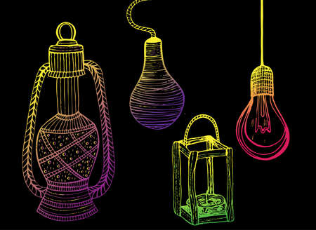 Vector lanterns, lamps on a dark background. Festive decoration. Neon lightingのイラスト素材