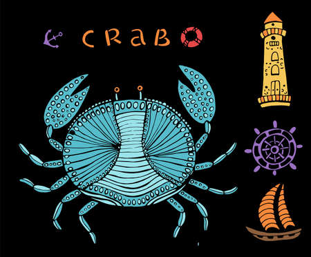 Bright illustration on a marine theme. Textured illustration technique hand drawn.のイラスト素材