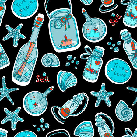 Hand-drawn vector illustrations-a collection of shells, stars. Marine set. Seamless patternのイラスト素材