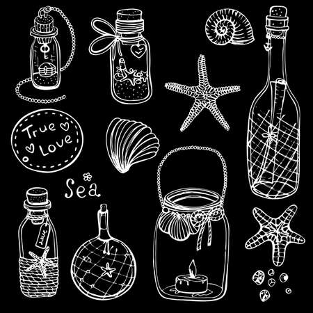 Hand-drawn vector illustrations-a collection of shells, stars. Marine set. Seamless patternのイラスト素材