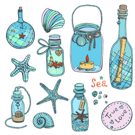 Hand-drawn vector illustrations-a collection of shells, stars. Marine setのイラスト素材
