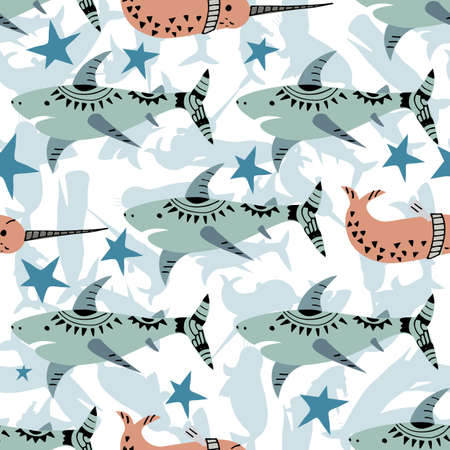 Bright children seamless pattern in marine style. illustration with shark in Scandinavian style.のイラスト素材