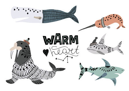Vector illustration of whales, fish such as narwhal, Blue whale, penguin, Beluga, humpback whale, whale and shark, walrus, Navy seal.のイラスト素材